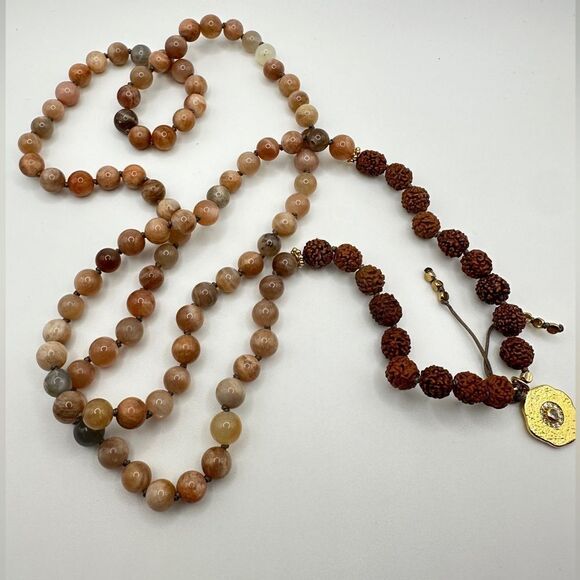 39" of solid peach moonstone, and Rudraksha Mala beaded necklace! - Picture 4 of 15